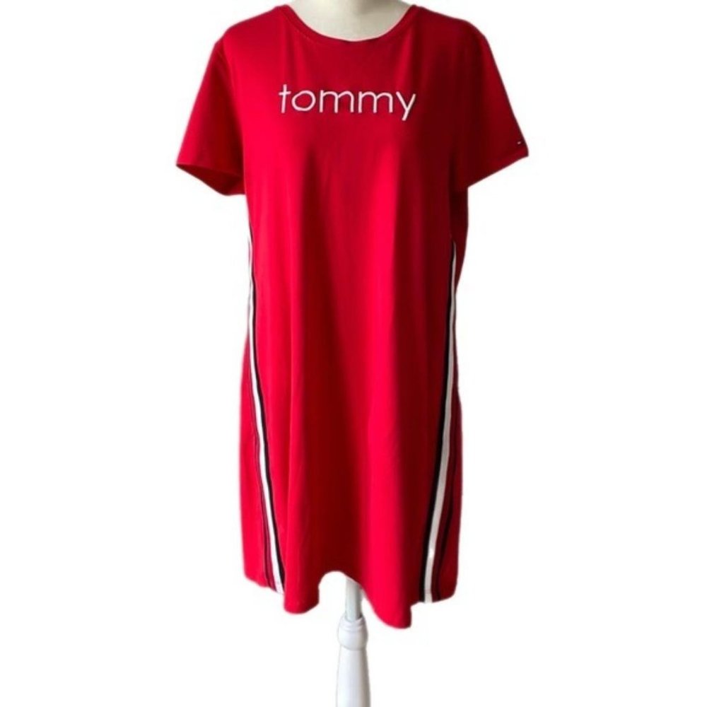 Retro Y2k Tommy Hilfiger Spell Out Mini Red Tee Shirt Dress
